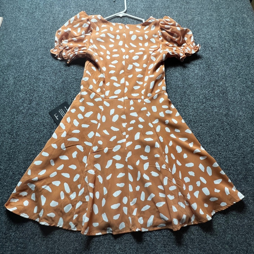Lulus New w/tags Orange White Abstract Dot Puff Sleeve Mini Swing Dress XS - Picture 11 of 13